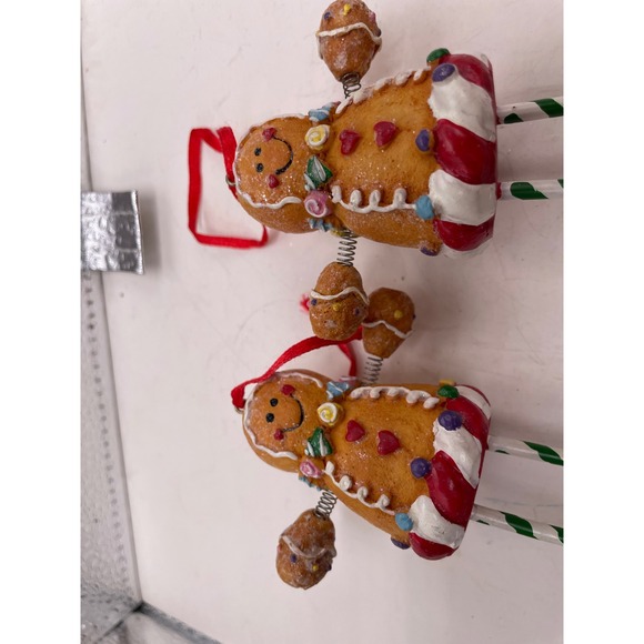 Pair of Gingerbread Girl Ornaments – Candy Trim, Swing Legs, Lollipop Detail, - Picture 6 of 7